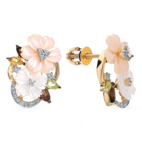 золотые серьги с сапфирами, хризолитом, раухтопазами, перламутром, цитринами и бриллиантами