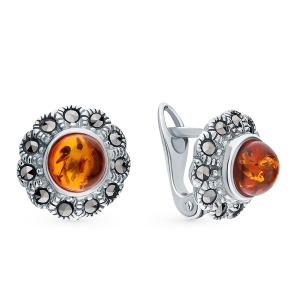 серебряные серьги с марказитами и янтарем