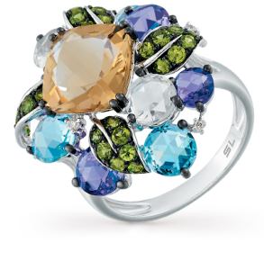 золотое кольцо с аметистом, кварцем, топазами, гранатом и бриллиантами