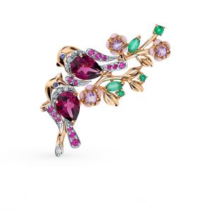 золотая брошь с родолитами, аметистом и агатом SOKOLOV 740218*