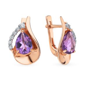золотые серьги с аметистом и фианитами