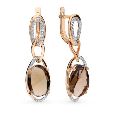 Золотые серьги с раухтопазами и фианитами