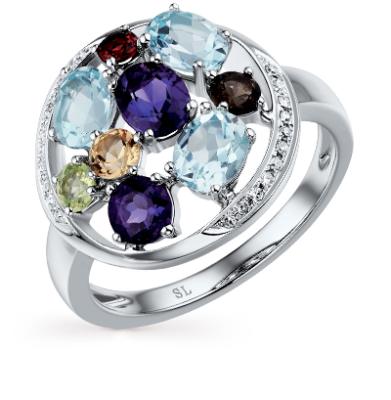 Золотое кольцо с хризолитом, аметистом, топазами, гранатом, цитринами и бриллиантами