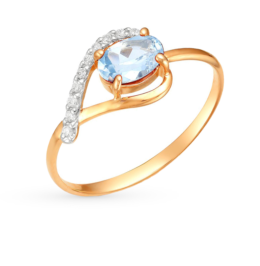 Золотое кольцо с голубым камнем фото