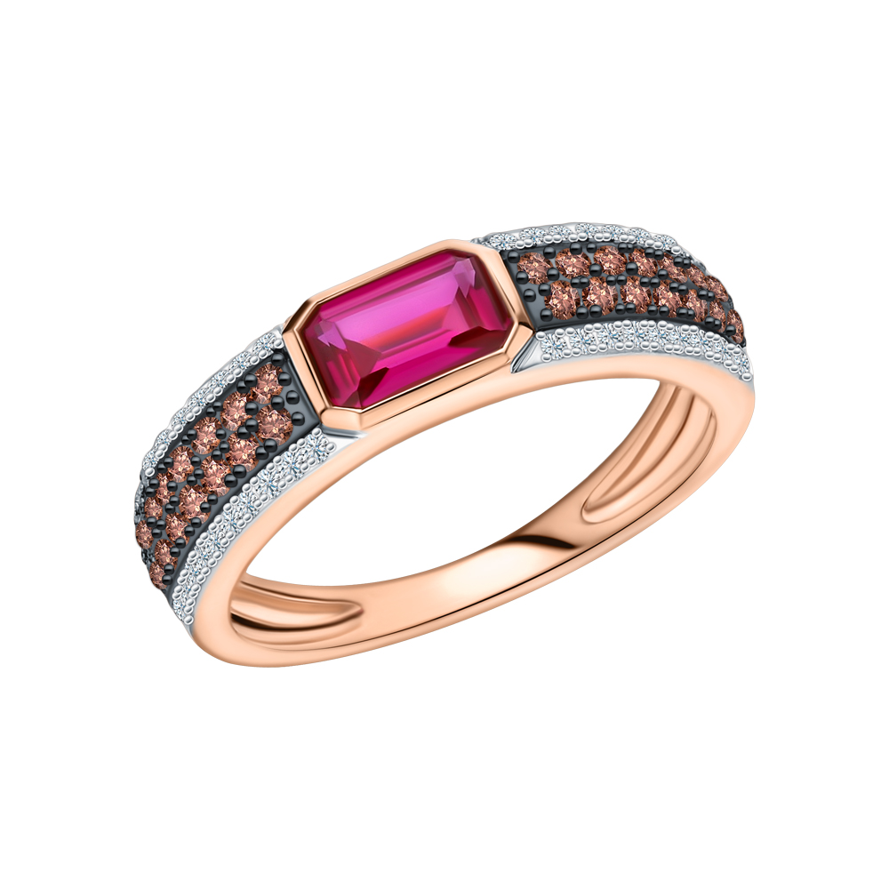 Фото «Золотое кольцо с коньячными бриллиантами, рубинами и бриллиантами»