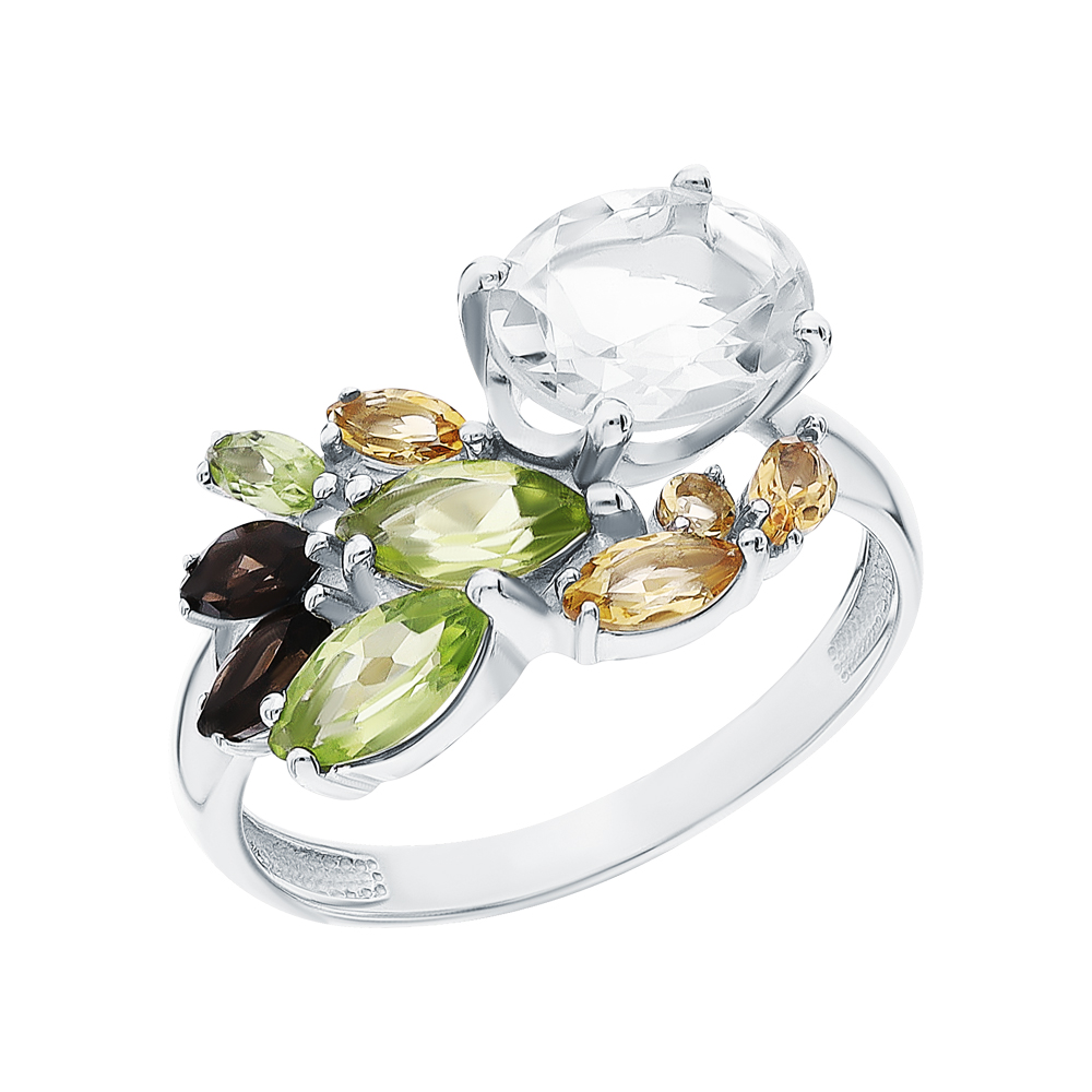 Серебряное кольцо с цитринами, аметистом, хризолитом и кварцами дымчатыми в Краснодаре