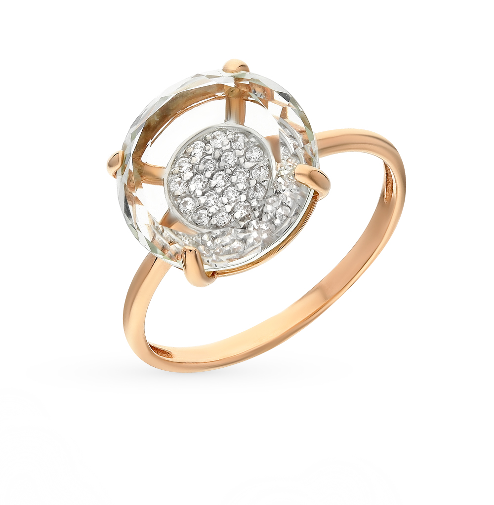Фото «Золотое кольцо с фианитами, аметистом и раухтопазами»