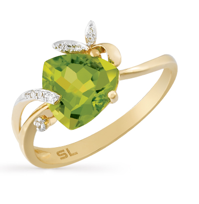 Золотое кольцо с хризолитом и бриллиантами в Краснодаре