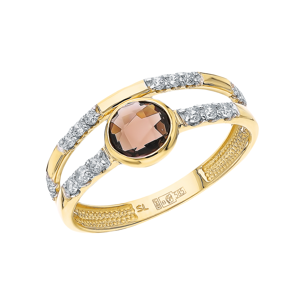 Золотое кольцо с фианитами и кварцем дымчатым в Краснодаре