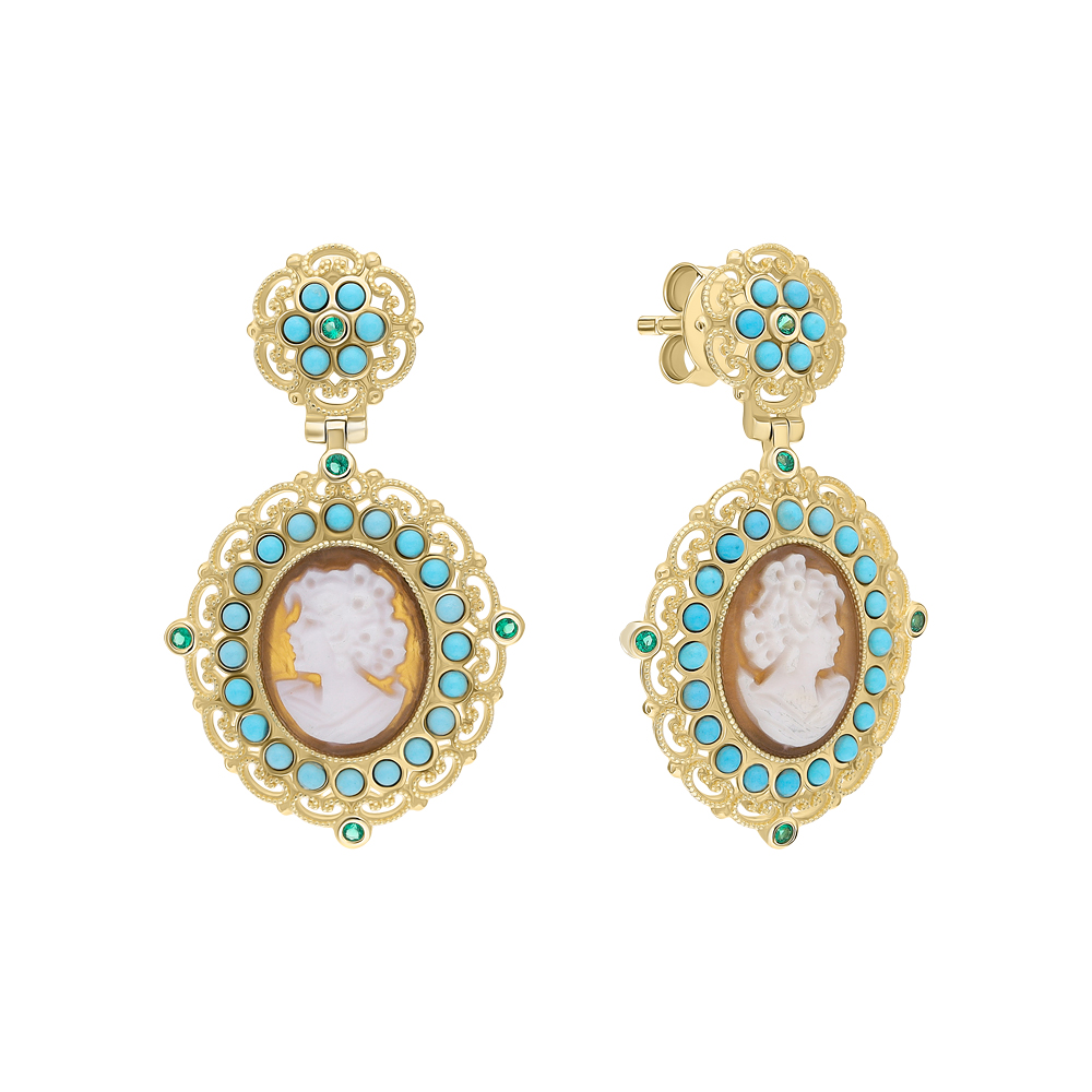 Серебряные серьги с фианитами, бирюзой и камеями CAMEO ITALIANO: жёлтое ...