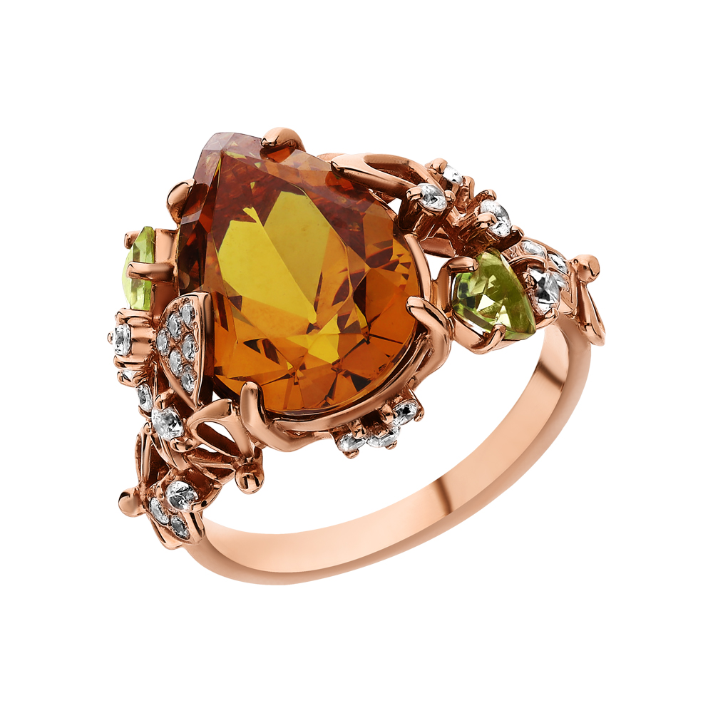Фото «Золотое кольцо с фианитами, хризолитом и султанитами»