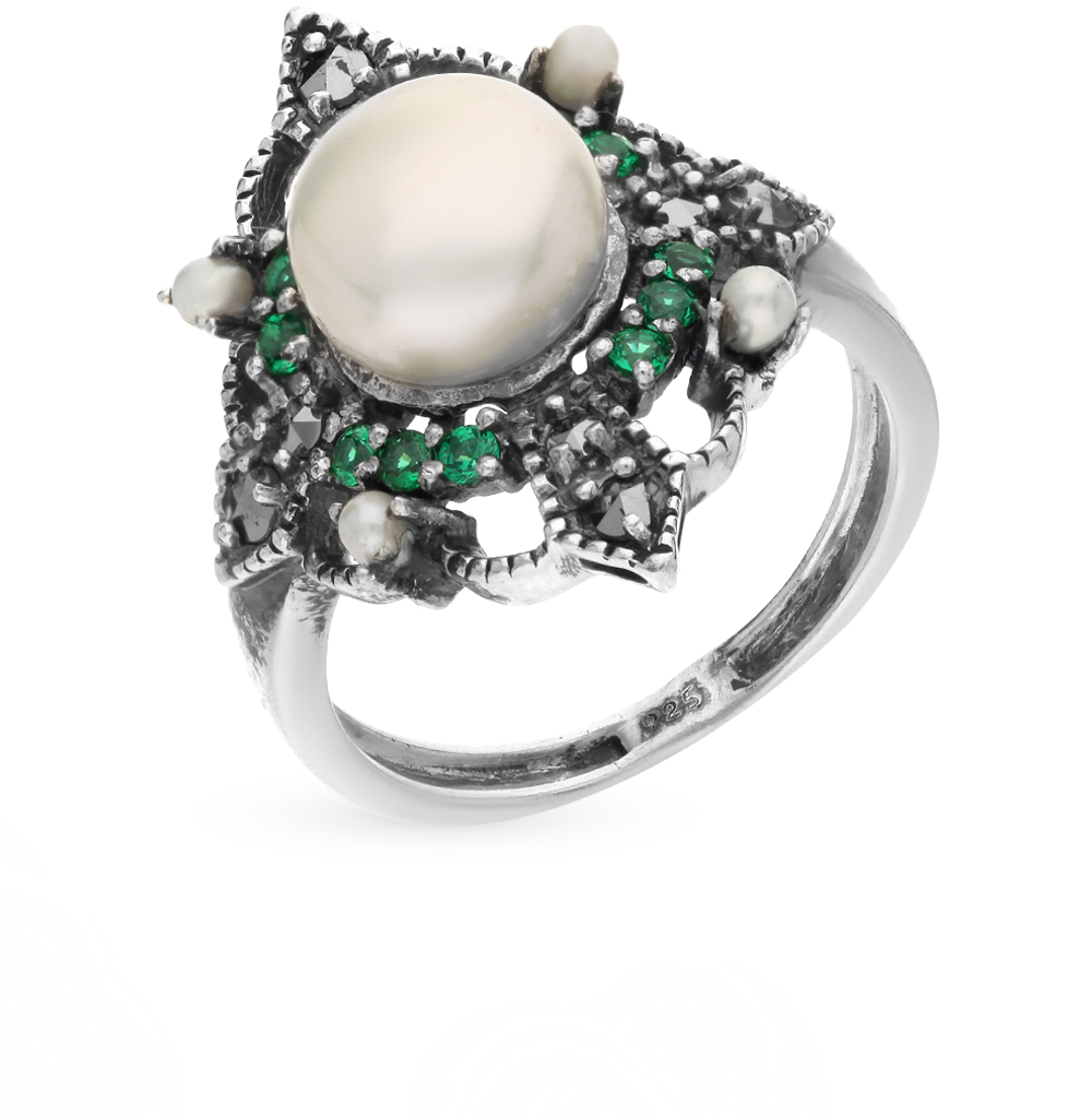 Фото «Серебряное кольцо с жемчугом, фианитами и марказитами»