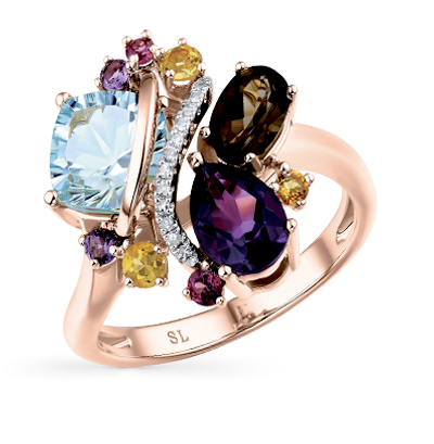 Фото «Золотое кольцо с цитринами, гранатом, топазами, аметистом и бриллиантами»