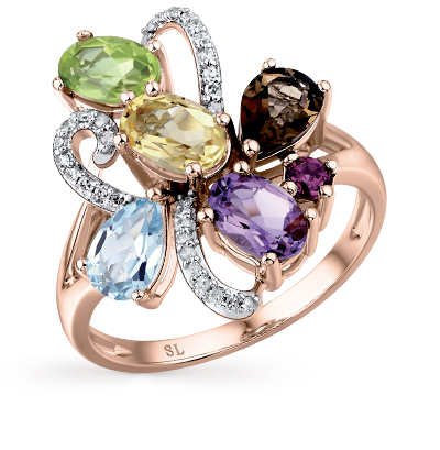 Золотое кольцо с цитринами, гранатом, топазами, аметистом, хризолитом и бриллиантами в Краснодаре