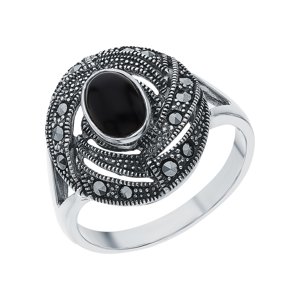 Серебряное кольцо с ониксом и марказитами swarovski в Новосибирске