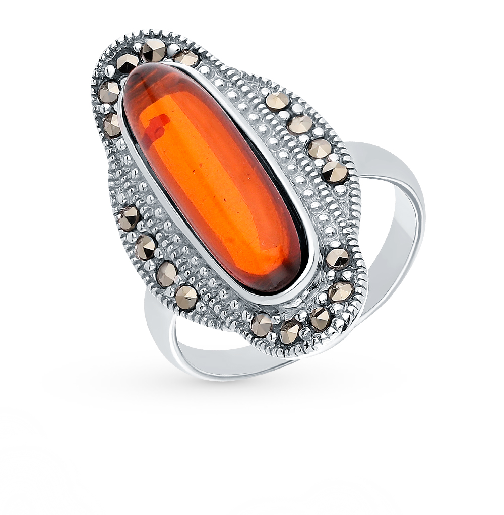 Серебряное кольцо с янтарем и марказитами в Краснодаре