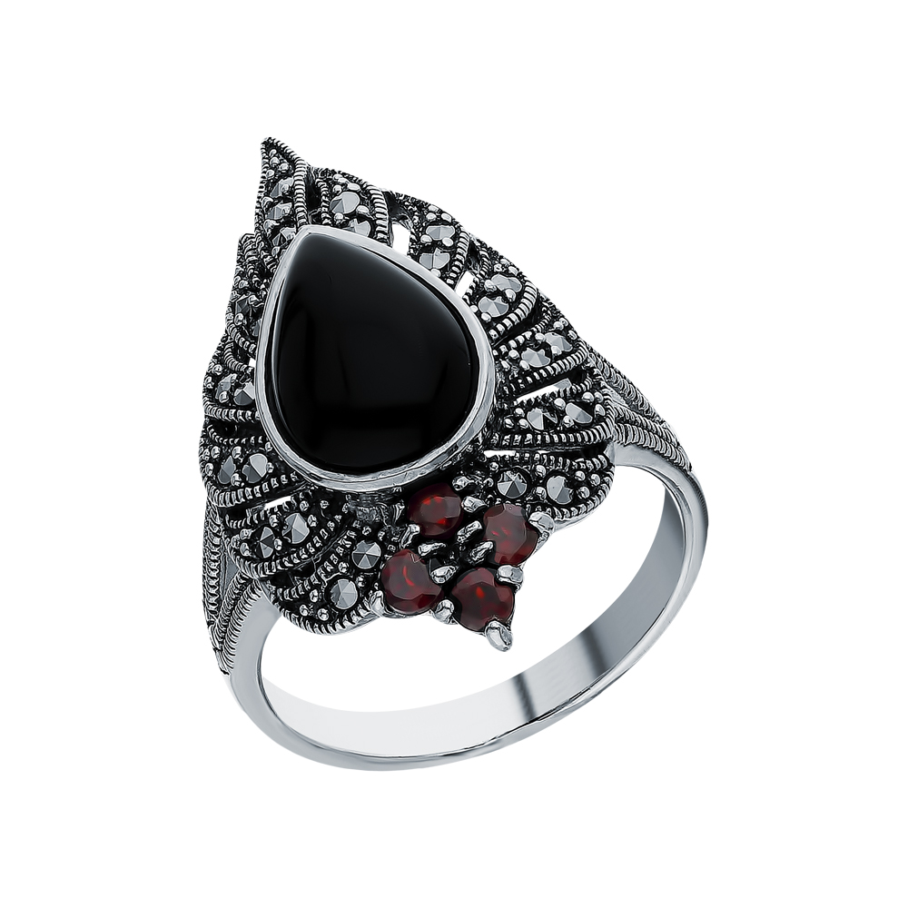 Серебряное кольцо с гранатом, ониксом и марказитами swarovski в Самаре