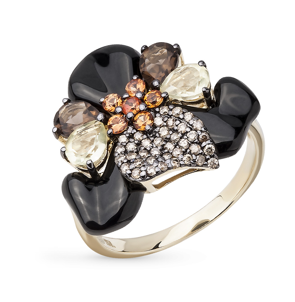 Фото «Золотое кольцо с коньячными бриллиантами, агатом, раухтопазами и сапфирами»