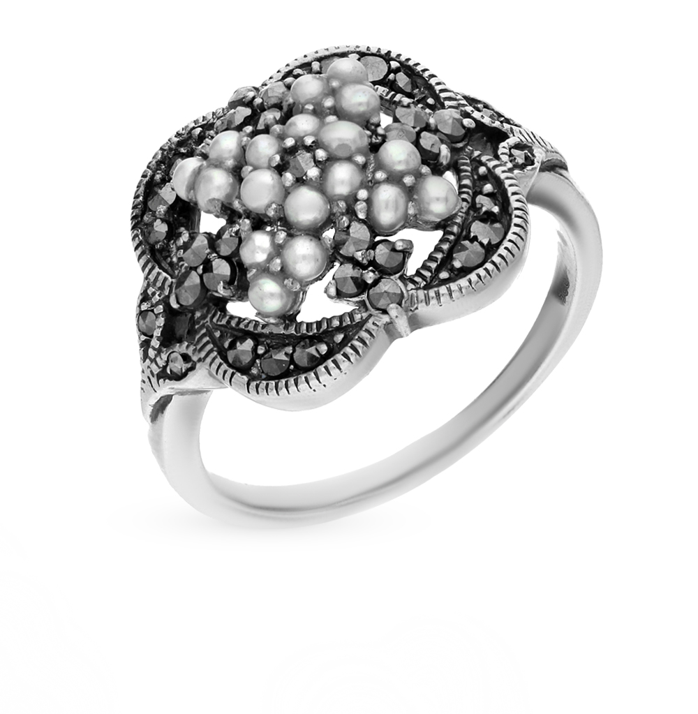 Серебряное кольцо с жемчугом и марказитами в Краснодаре