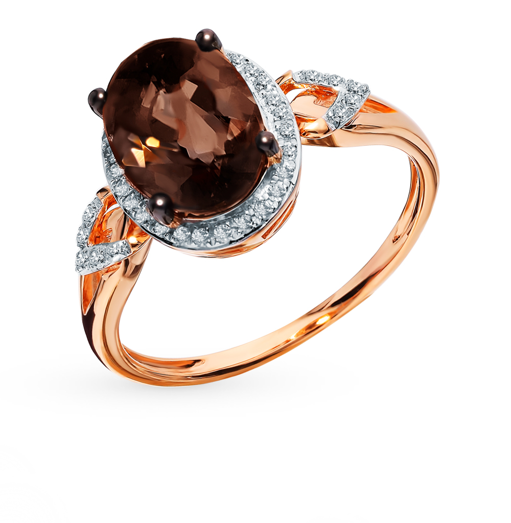 Золотое кольцо с кварцами дымчатыми и бриллиантами в Краснодаре