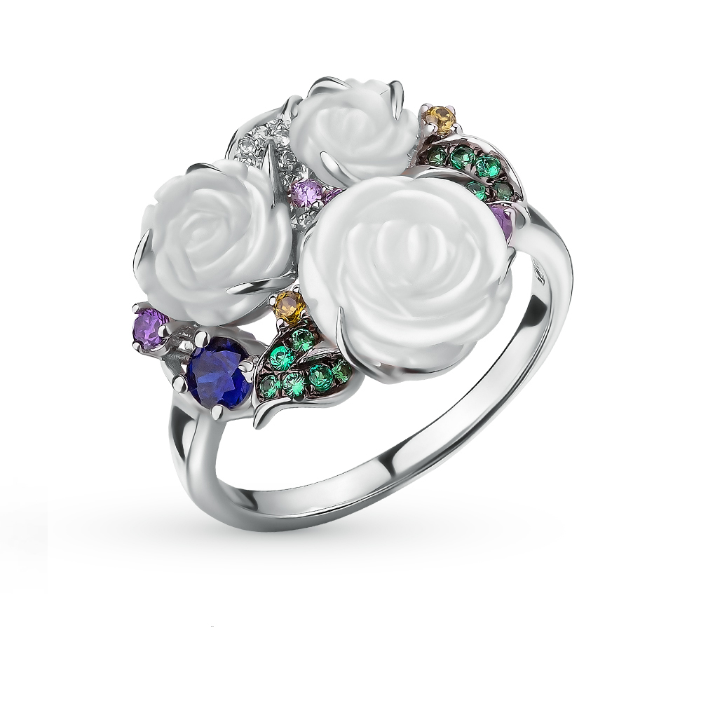 Фото «Серебряное кольцо с перламутром, фианитами и сапфирами»