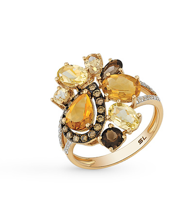 Золотое кольцо с цитринами, кварцем и бриллиантами в Екатеринбурге