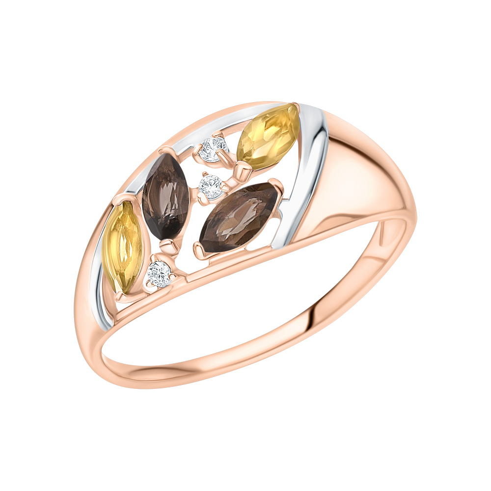 Фото «Золотое кольцо с кубическим цирконием, цитринами и кварцами дымчатыми»