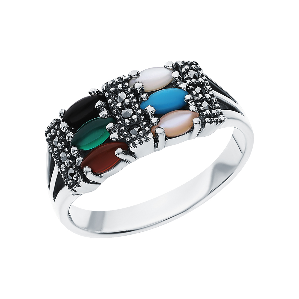 Фото «Серебряное кольцо с перламутром, бирюзой, ониксом, хризопразами и марказитами swarovski»