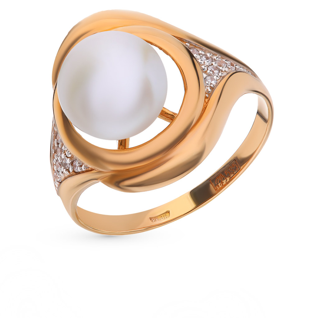 Золотое кольцо с жемчугом и фианитами в Новосибирске