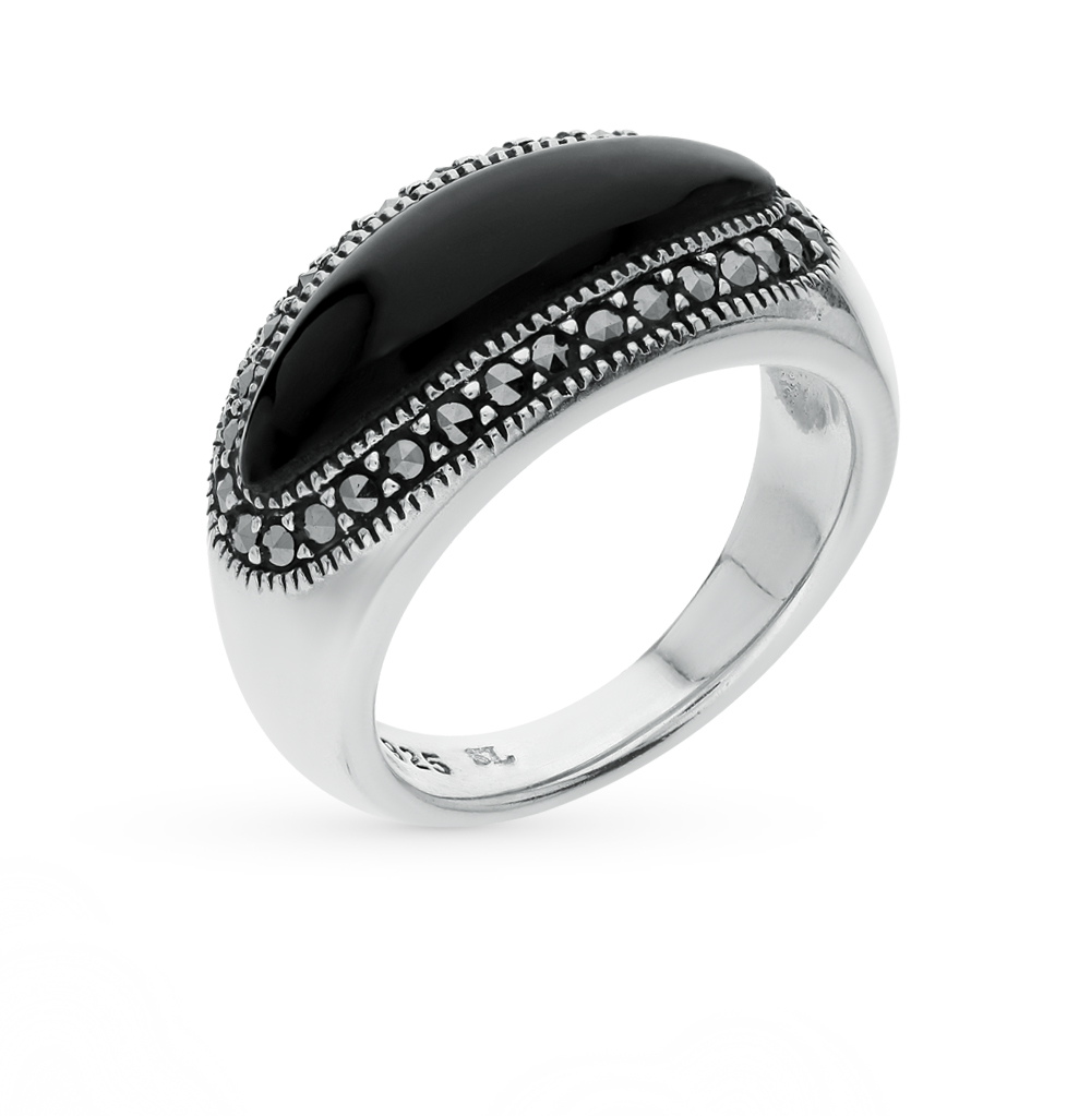 Серебряное кольцо с ониксом и марказитами в Краснодаре