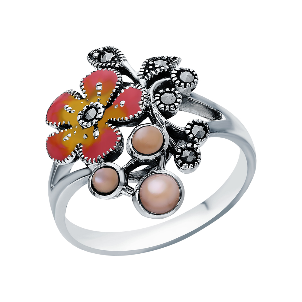 Фото «Серебряное кольцо с эмалью, перламутром и марказитами swarovski»