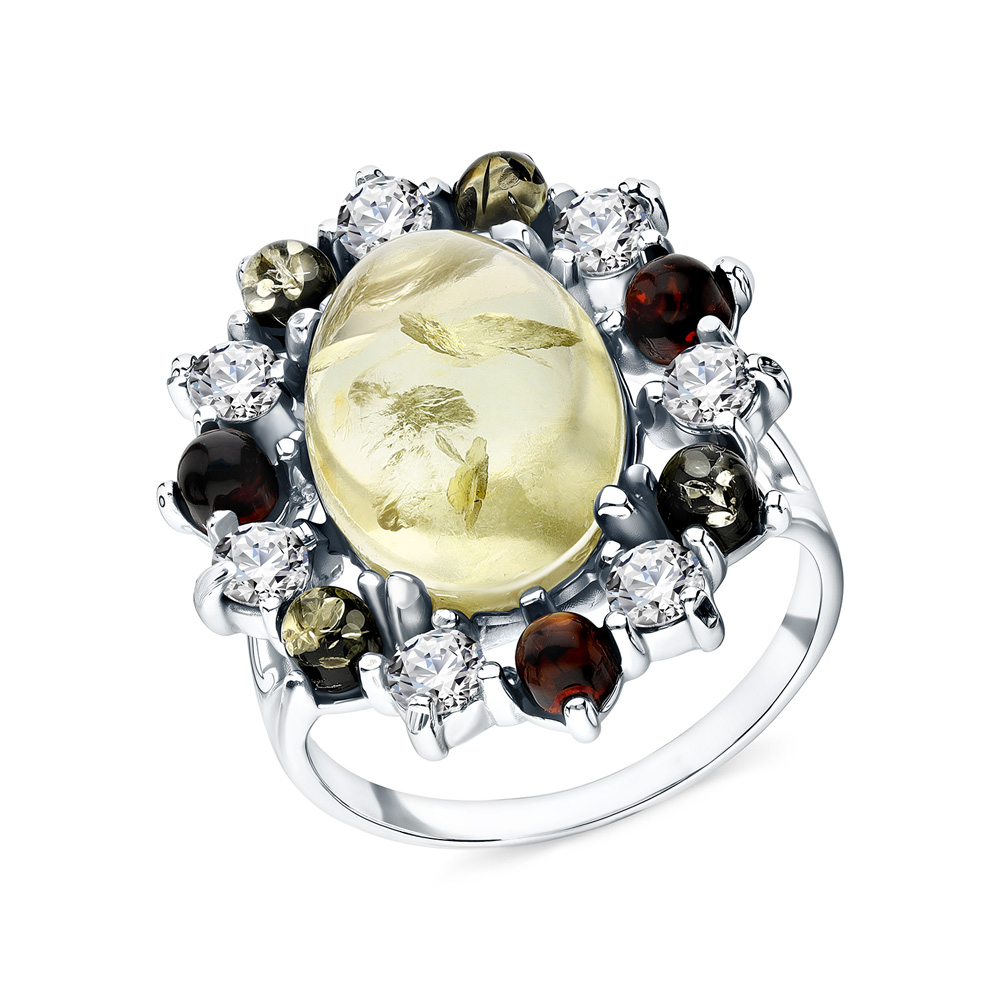 Серебряное кольцо с янтарем и фианитами в Краснодаре