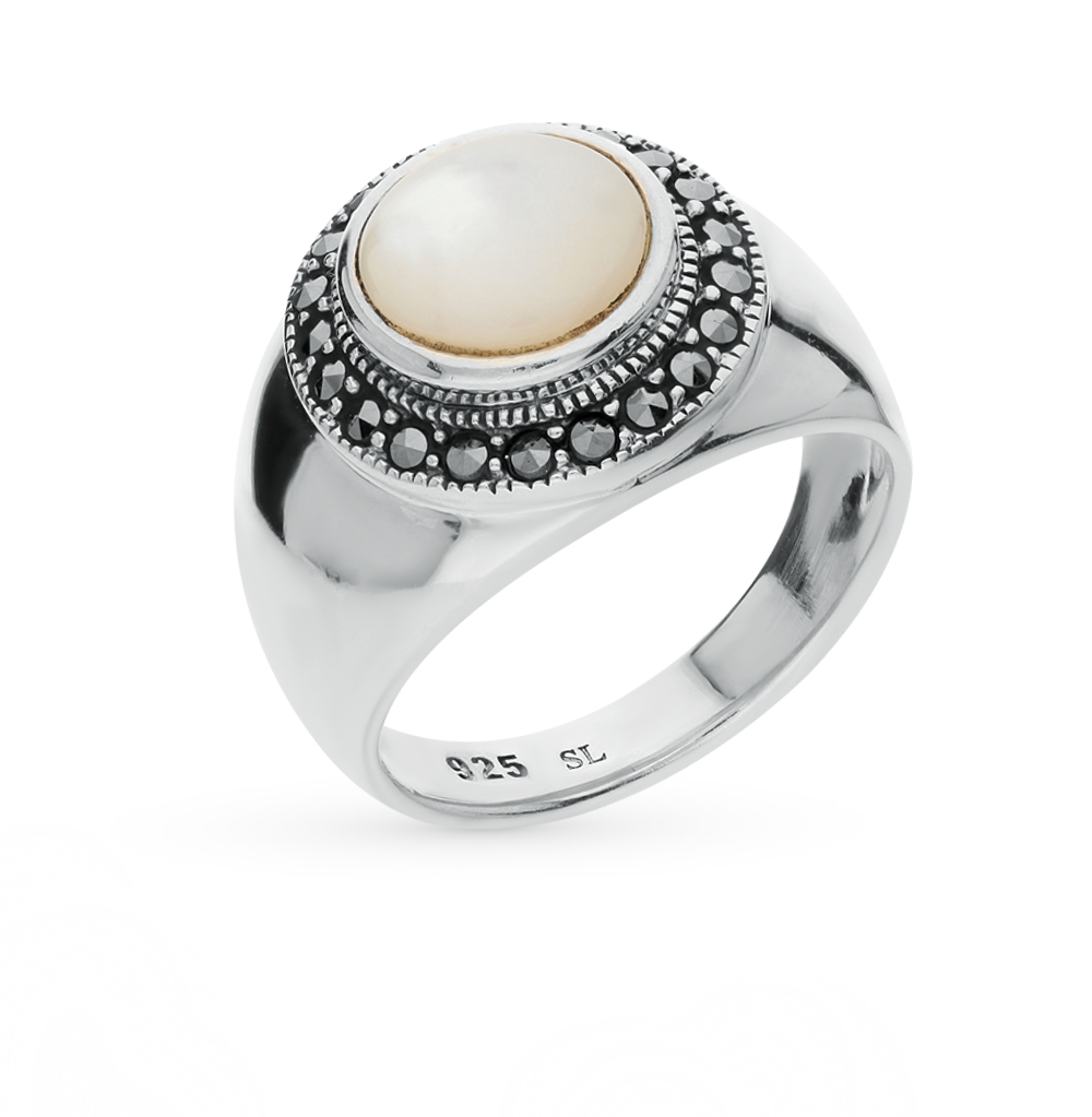 Серебряное кольцо с перламутром и марказитами в Самаре